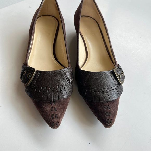 COLE HAAN POINTY TOE LOW‎ HEEL FRINGE BUCKLE BROWN - Picture 2 of 5